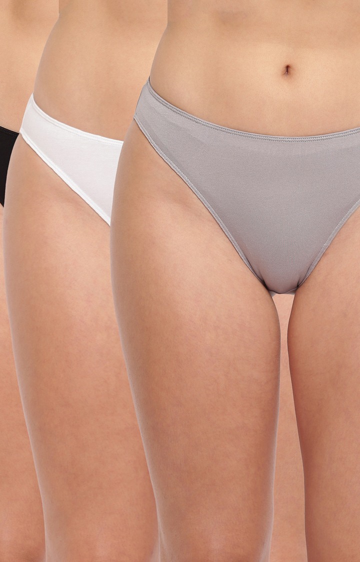 White Black And Grey Glamo Rise High Leg Bikini Panty Pack Of