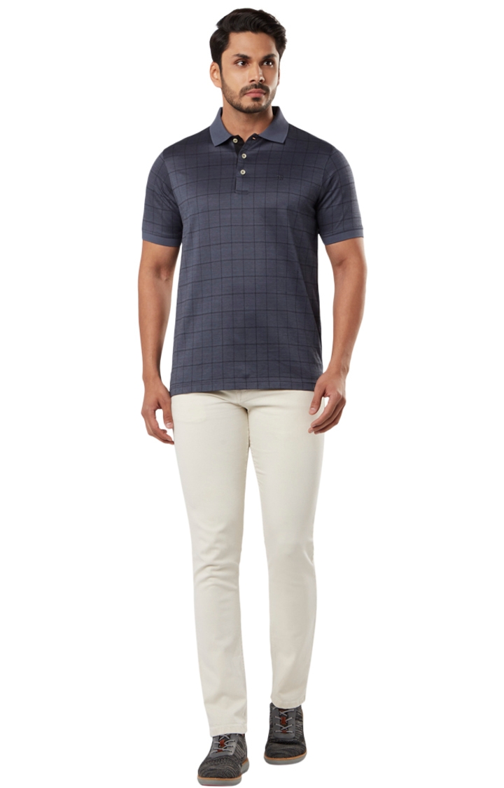 Raymond | Navy Checked Contemporary Fit Polo T-Shirt 1