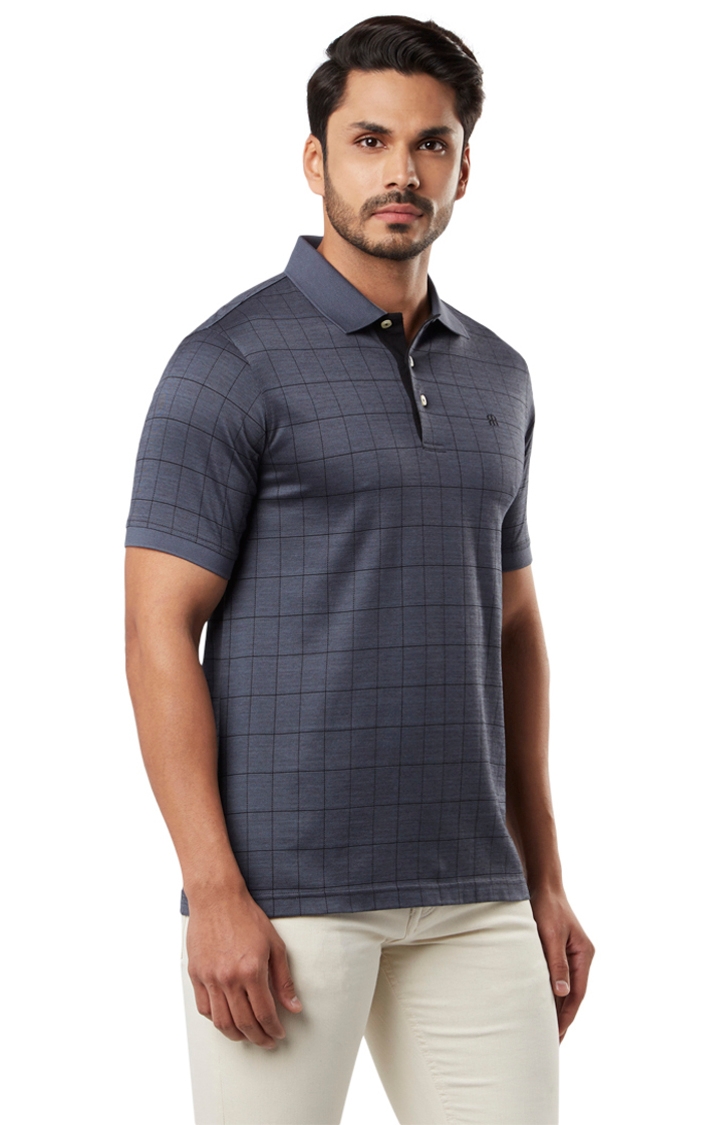 Raymond | Navy Checked Contemporary Fit Polo T-Shirt 3