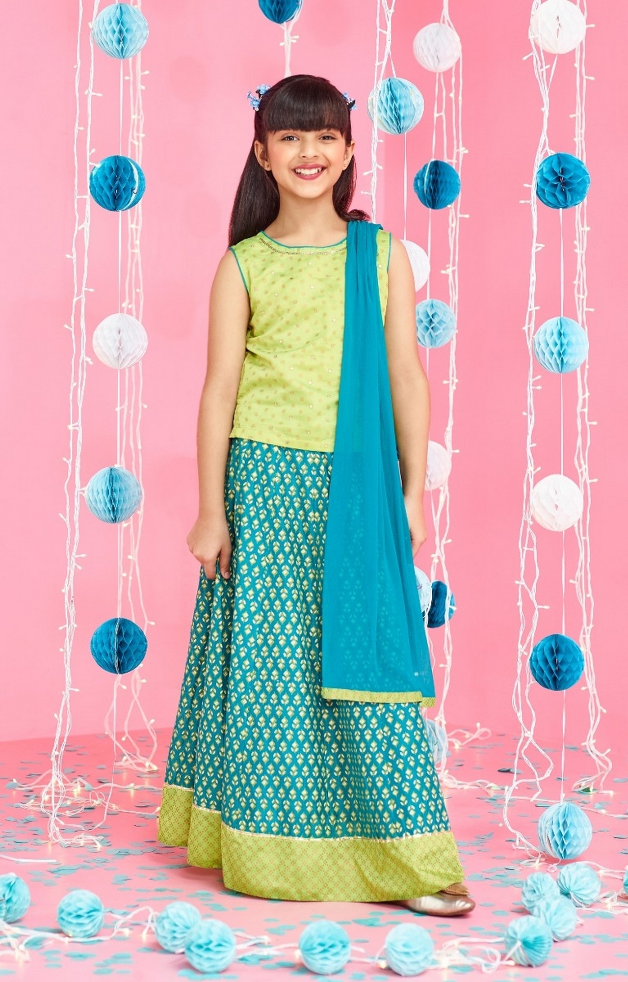 Global Desi | Turquoise Printed Lehenga Set 0