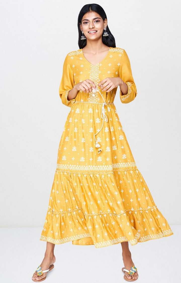 Mustard Embroidered Maxi Dress