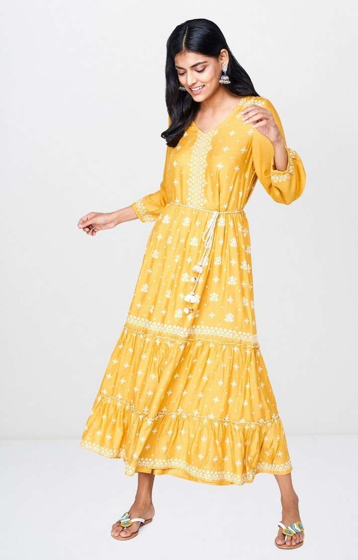 Mustard Embroidered Maxi Dress
