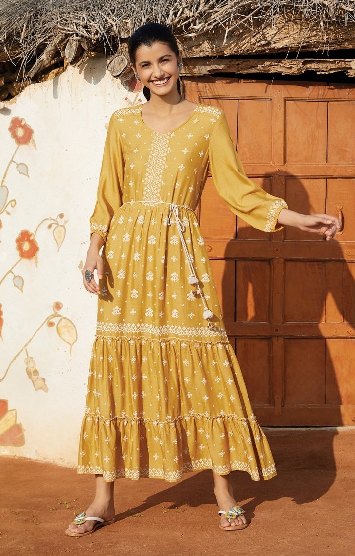 Mustard Embroidered Maxi Dress