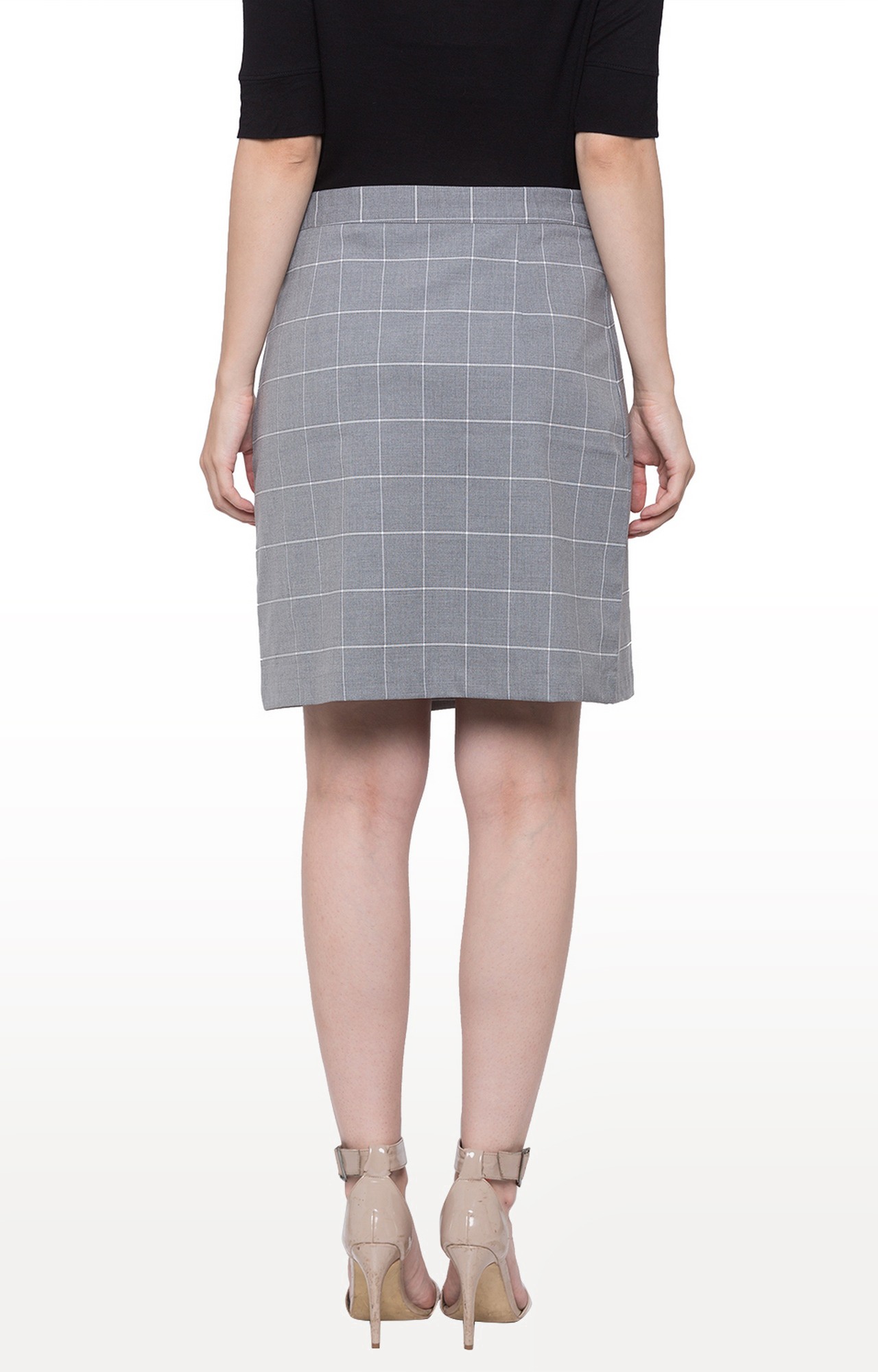 Grey Checked Straight Skirt