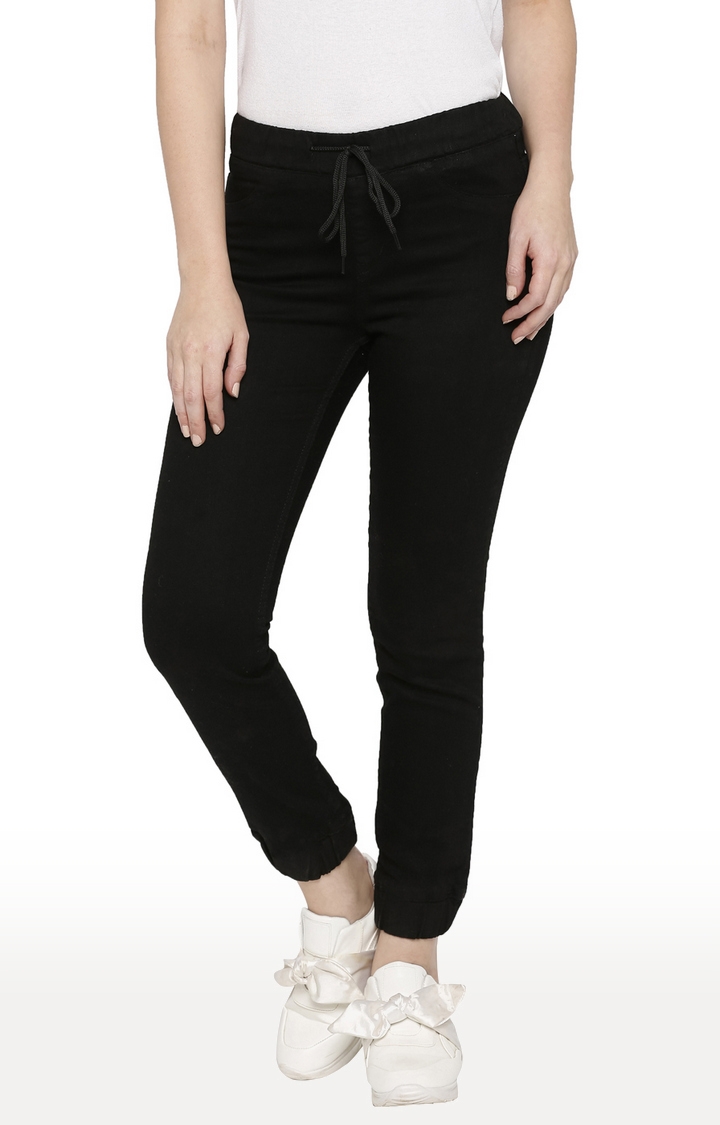 globus | Women's Black Cotton Solid Joggers Jeans 0
