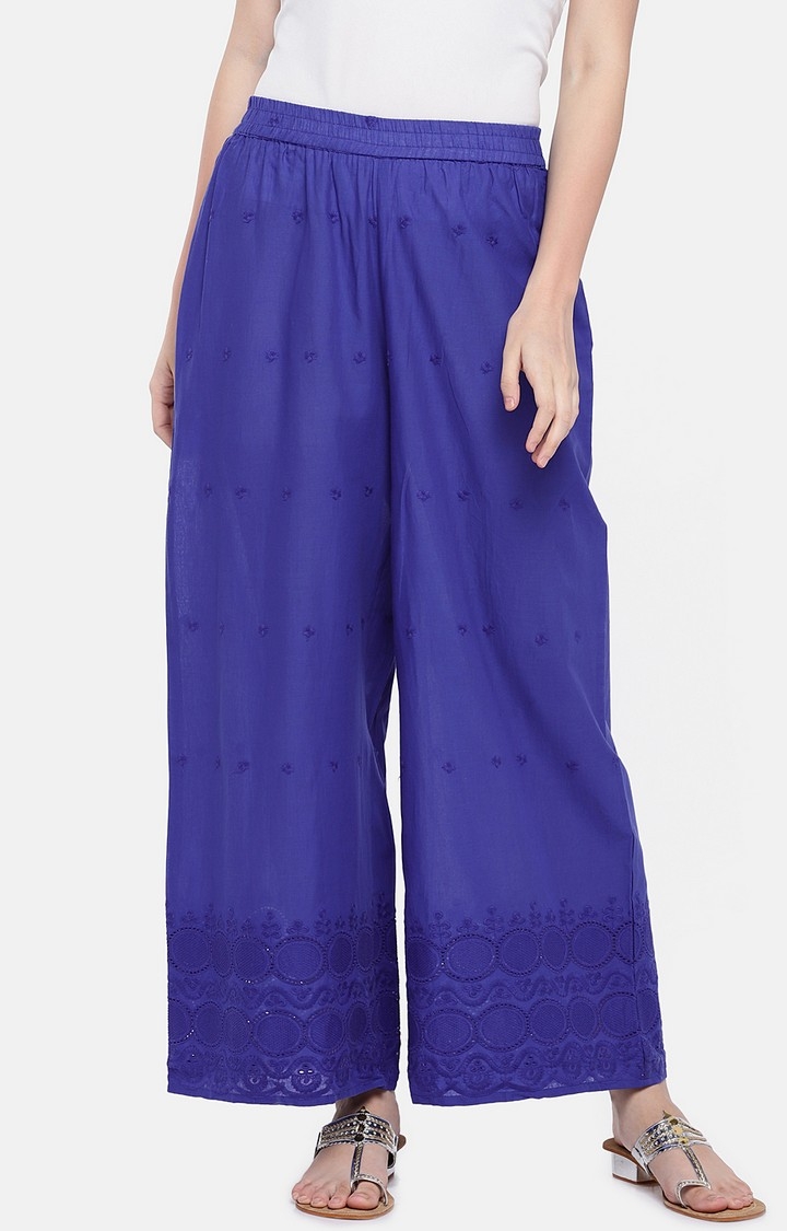 globus | Women's Blue Cotton Embroidered Palazzos 0