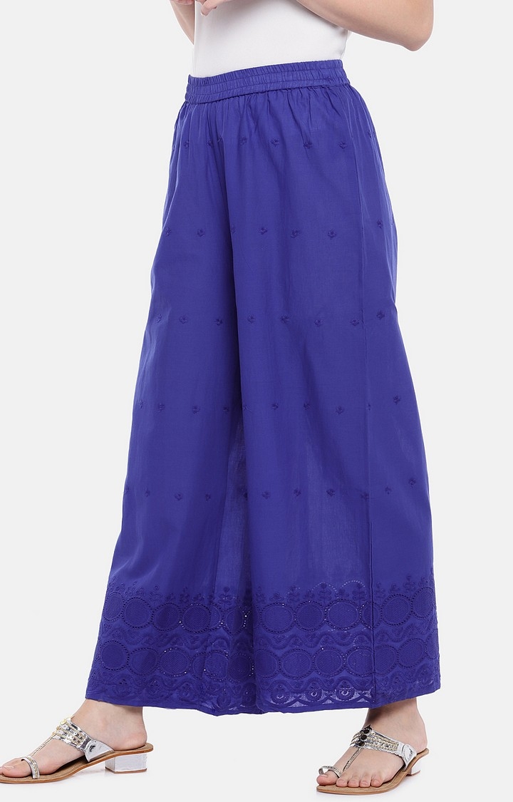 globus | Women's Blue Cotton Embroidered Palazzos 2