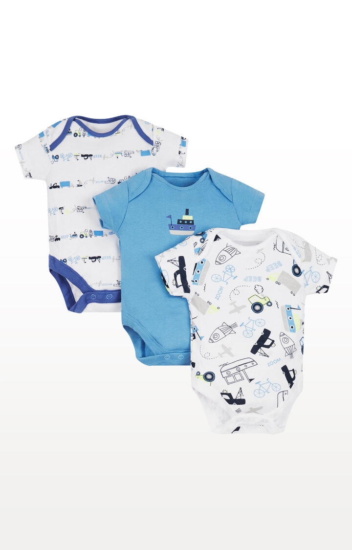 Mothercare | White and Blue Printed Romper - Pack of 3 0