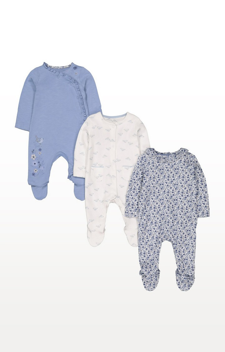 Blue Floral Sleepsuits - 3 Pack
