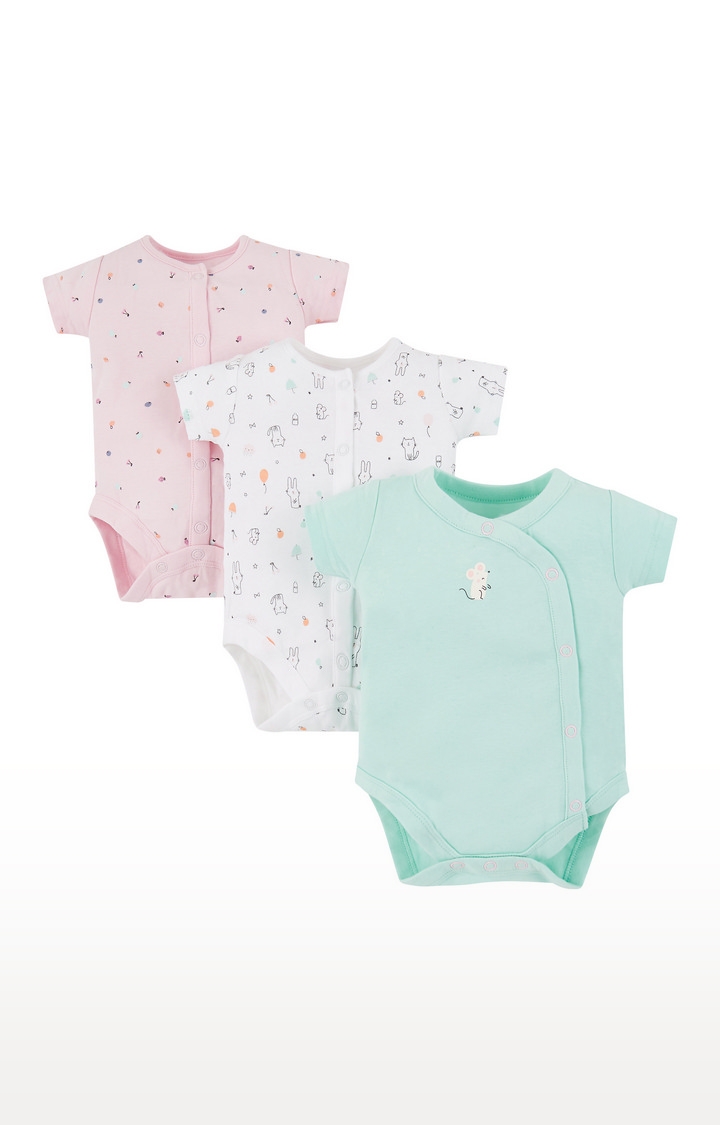 Mothercare | Pink, White and Blue Printed Romper - Pack of 3 0