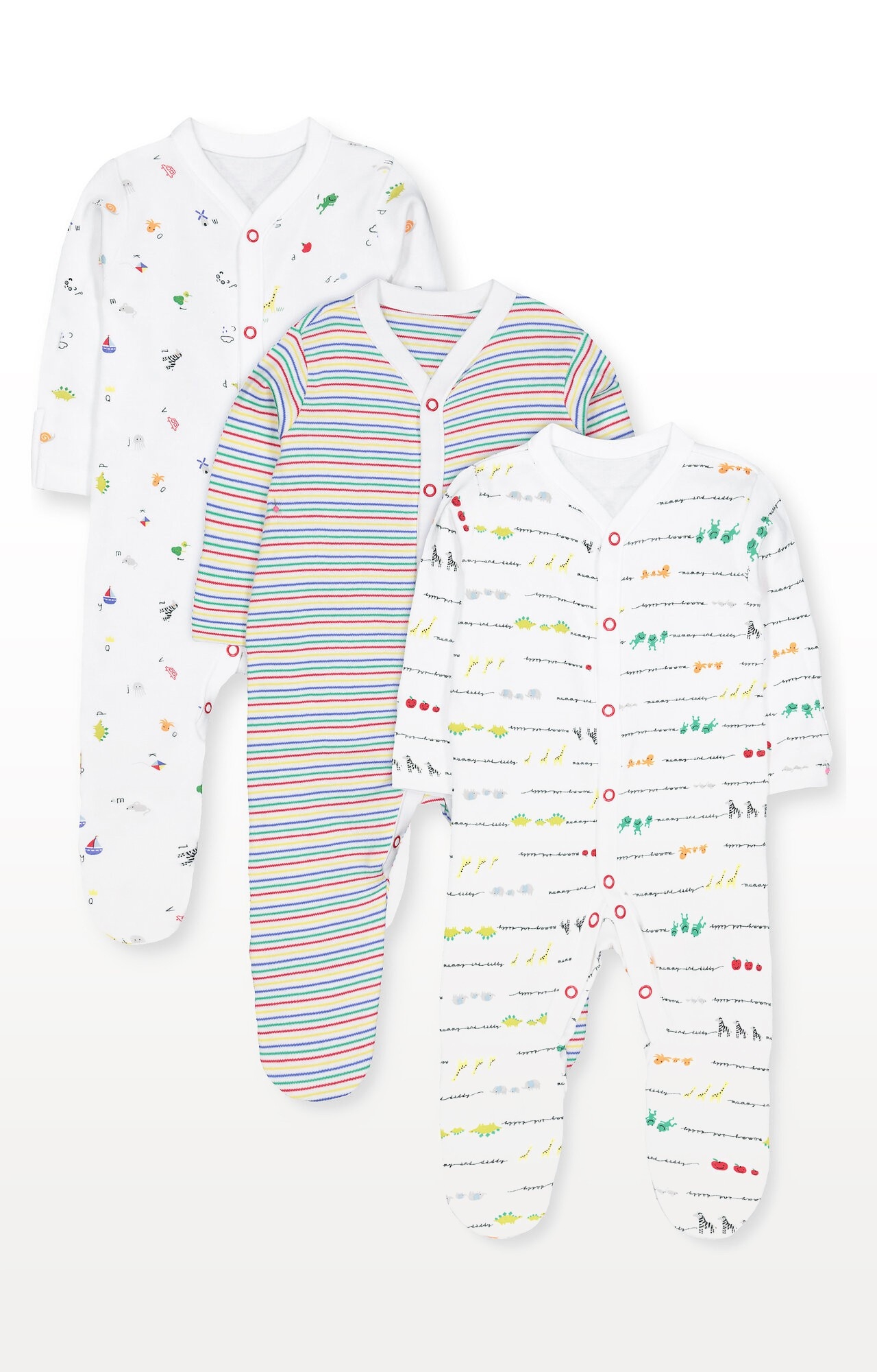 Mothercare | Alphabet, Animal and Stripe Sleepsuits - Pack of 3 0