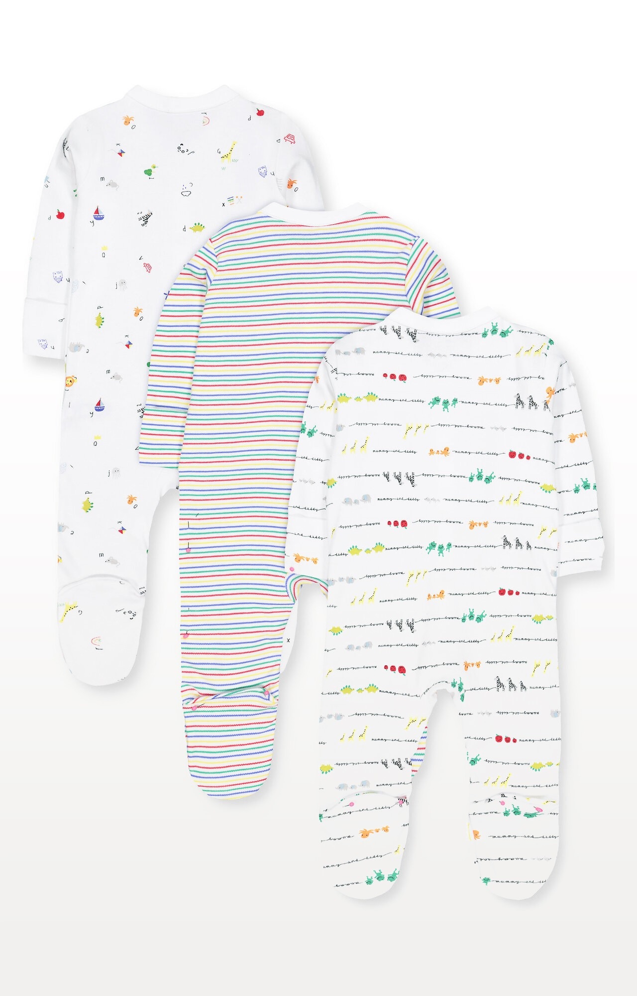Mothercare | Alphabet, Animal and Stripe Sleepsuits - Pack of 3 1