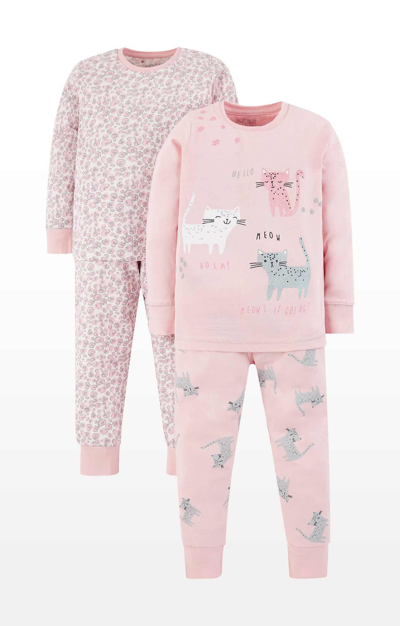 Pink Cat and Leopard Print Pyjamas - Pack of 2