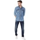 Dark Indigo Blue & White Print Denim Slim Fit Casual Shirt
