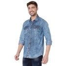 Dark Indigo Blue & White Print Denim Slim Fit Casual Shirt