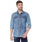 Dark Indigo Blue & White Print Denim Slim Fit Casual Shirt