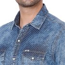 Dark Indigo Blue & White Print Denim Slim Fit Casual Shirt