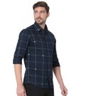 Navy & White Graphic Check Slim Fit Casual Shirt