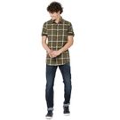 Mufti Olive & White Cotton Linen Check Slim Fit Casual Shirt