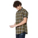 Mufti Olive & White Cotton Linen Check Slim Fit Casual Shirt