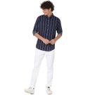 Mufti Navy & Red Lightweight Stripe Slim Fit Casual Shirt
