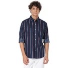 Mufti Navy & Red Lightweight Stripe Slim Fit Casual Shirt
