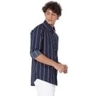 Mufti Navy & Red Lightweight Stripe Slim Fit Casual Shirt
