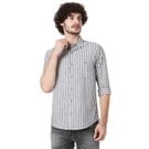Mufti Charcoal & White Cotton Linen Stripe Slim Fit Casual Shirt