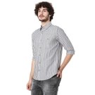 Mufti Charcoal & White Cotton Linen Stripe Slim Fit Casual Shirt
