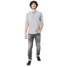 Mufti Charcoal & White Cotton Linen Stripe Slim Fit Casual Shirt