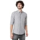 Mufti Charcoal & White Cotton Linen Stripe Slim Fit Casual Shirt