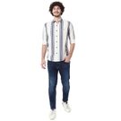 Mufti White & Blue Awning Stripe Slim Fit Casual Shirt