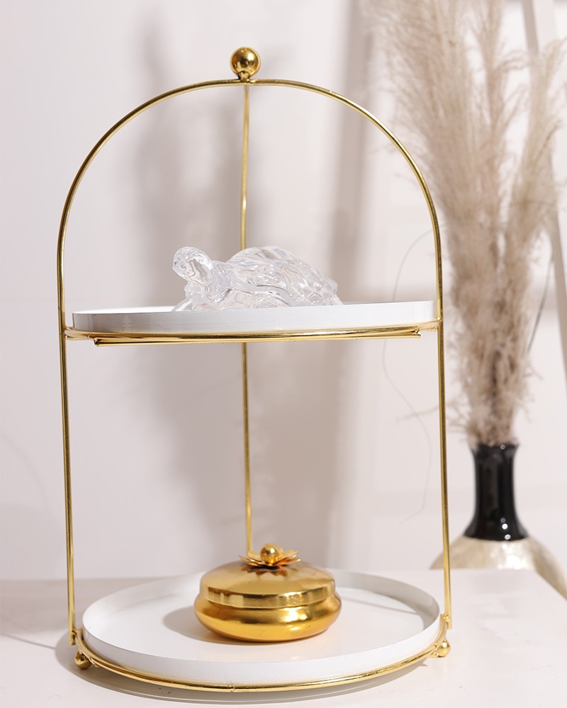 Order Happiness White Gold Metal 2 Tier Cake Stand Snack Platter For Home Decor