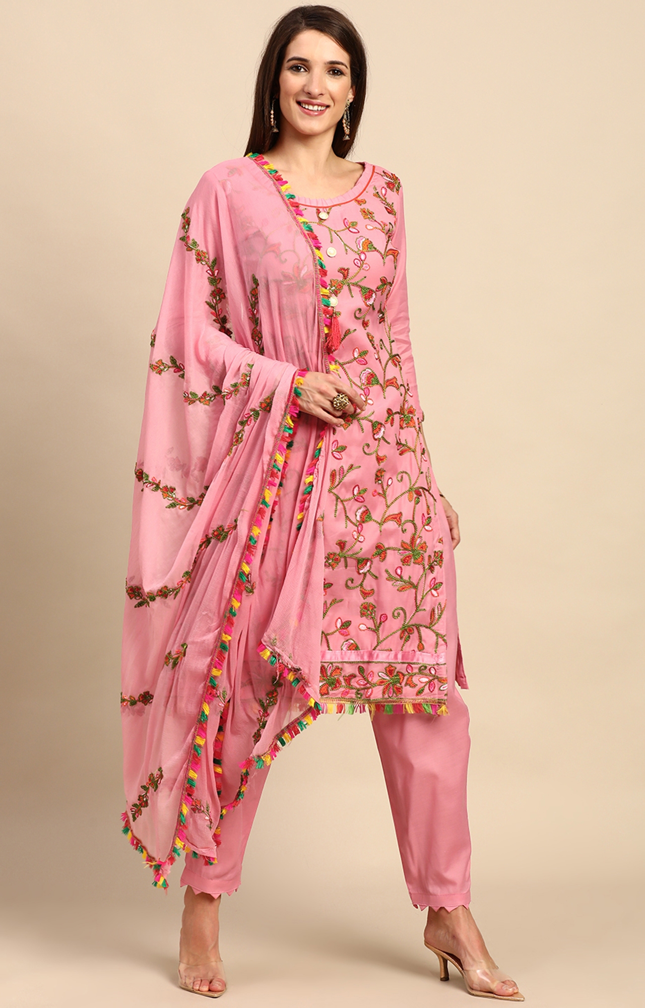 Shaily Women Pink Color Cotton Embroidered With Tessels Unstitched Dress Material-VF_LILY_PNK_DM