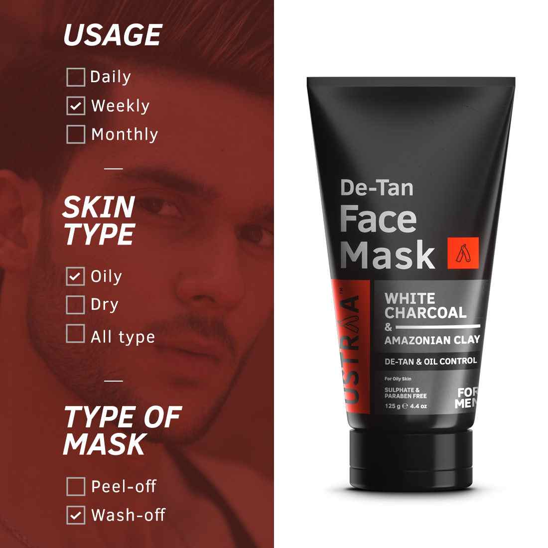 Ustraa Power Face Wash De-Tan - 200g & De-Tan Face Mask - Oily Skin - 125g