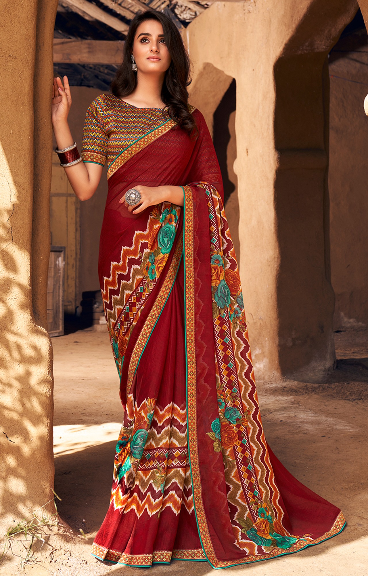 Women Maroon Chiffon Floral Print Saree-S_L21SHUBHLABH31006SSR01