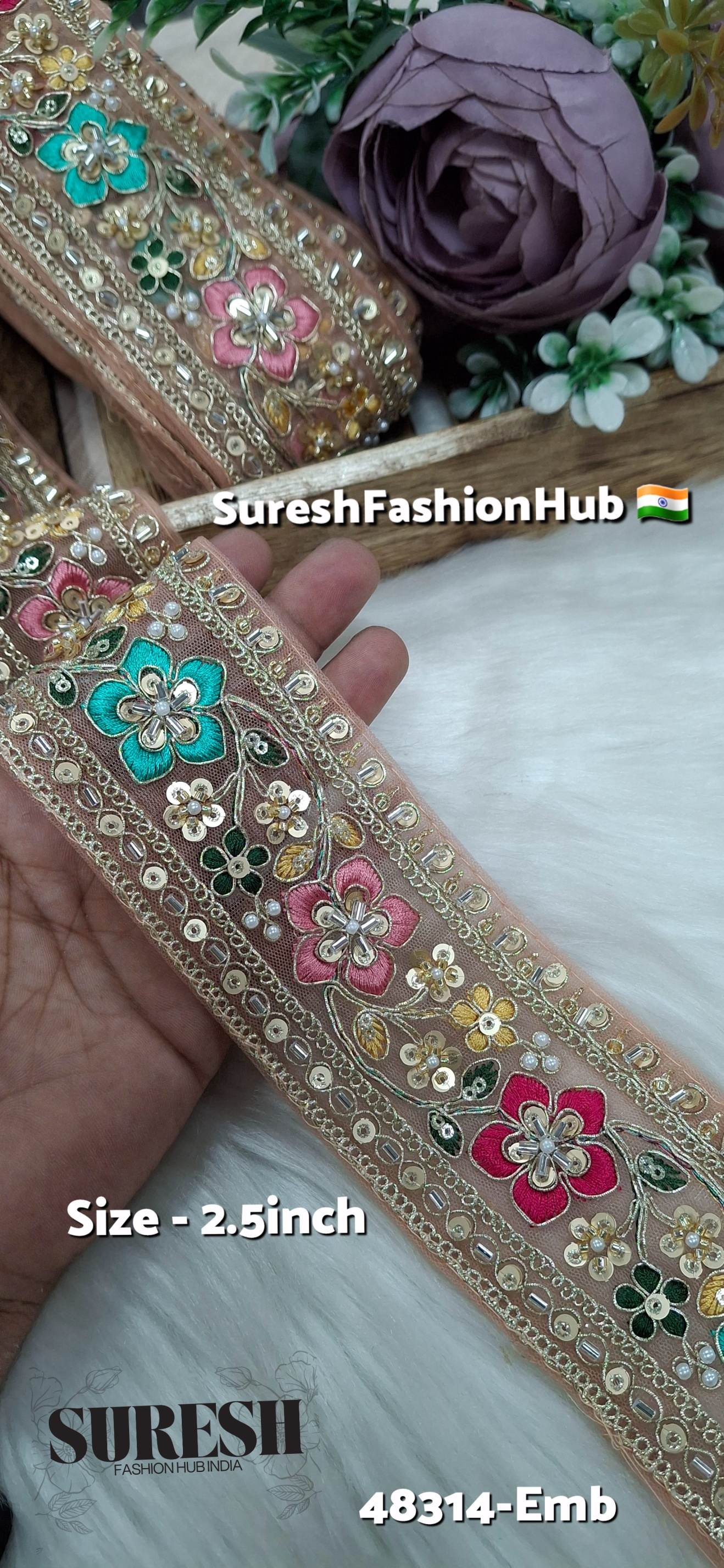 Peach Multicolor Kaddana Floral Embroidery Lace