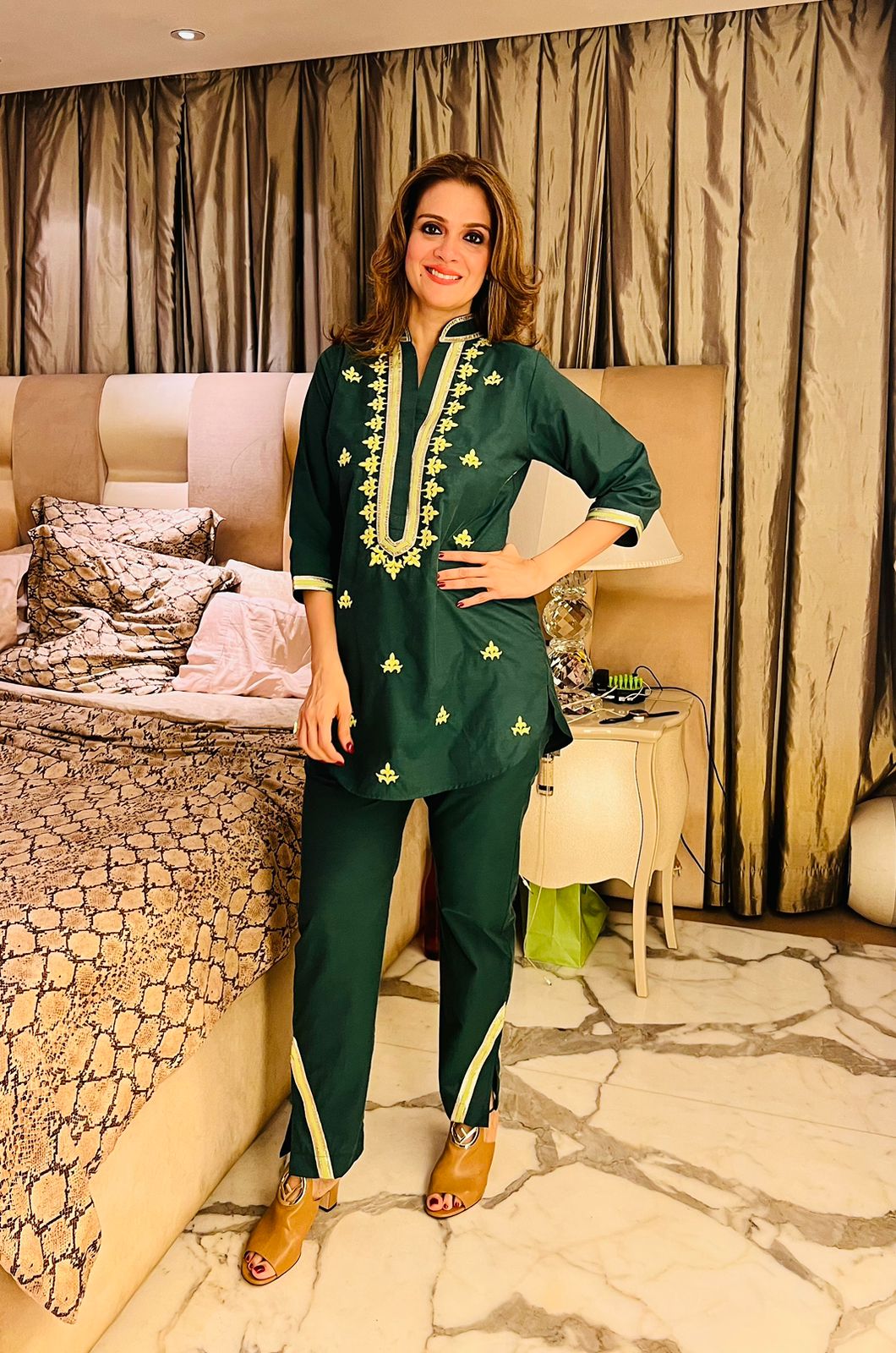 Bottle green kurti coord