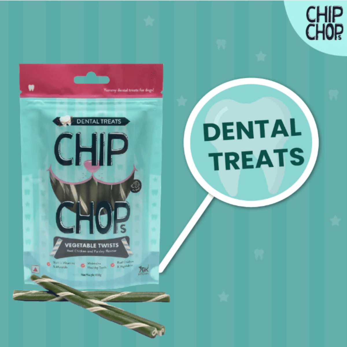 Chip Chops Vegetable Twists Real Chicken and Parsley Flavour Dog Treat - 100 g
