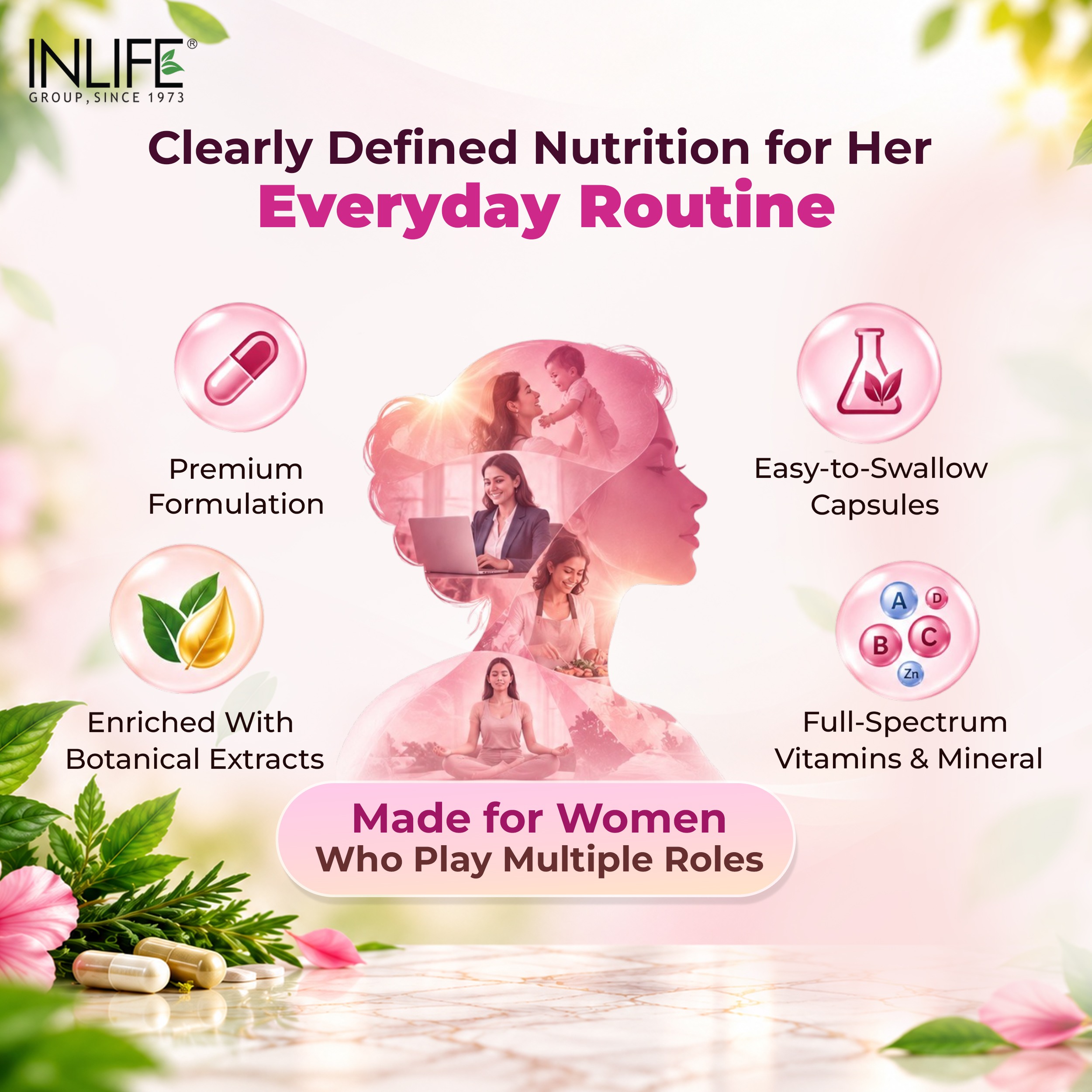 Inlife | Multivitamin for Women with Biotin, Vitamin D, Calcium, & Minerals for Energy, Hair, Skin, Nails, Bone | 60 Veg Capsules (Women)