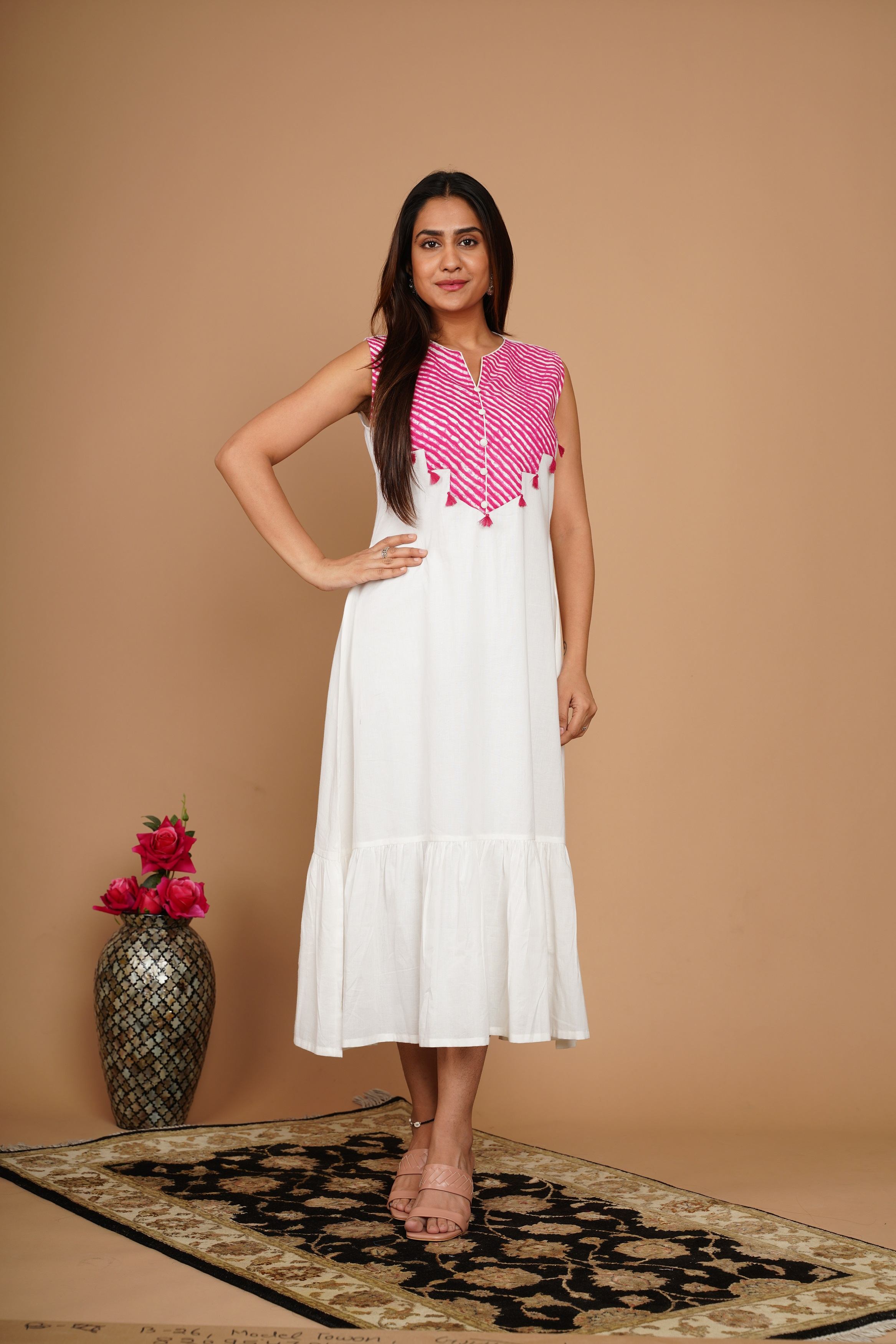 Pink &White Cotton Leheriya Dress
