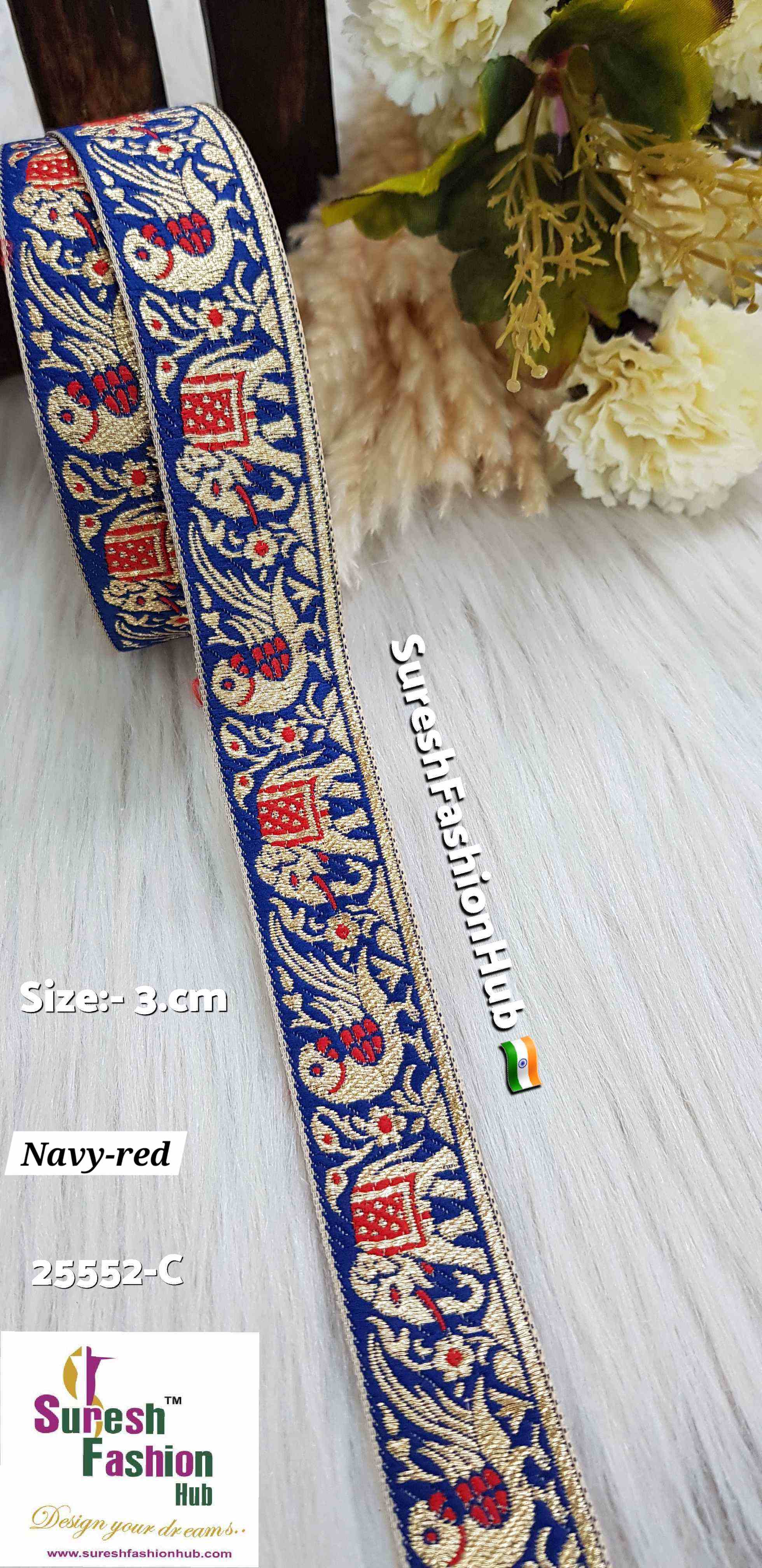 Navy Blue & Red Color Elephant Parrot Banarasi Lace