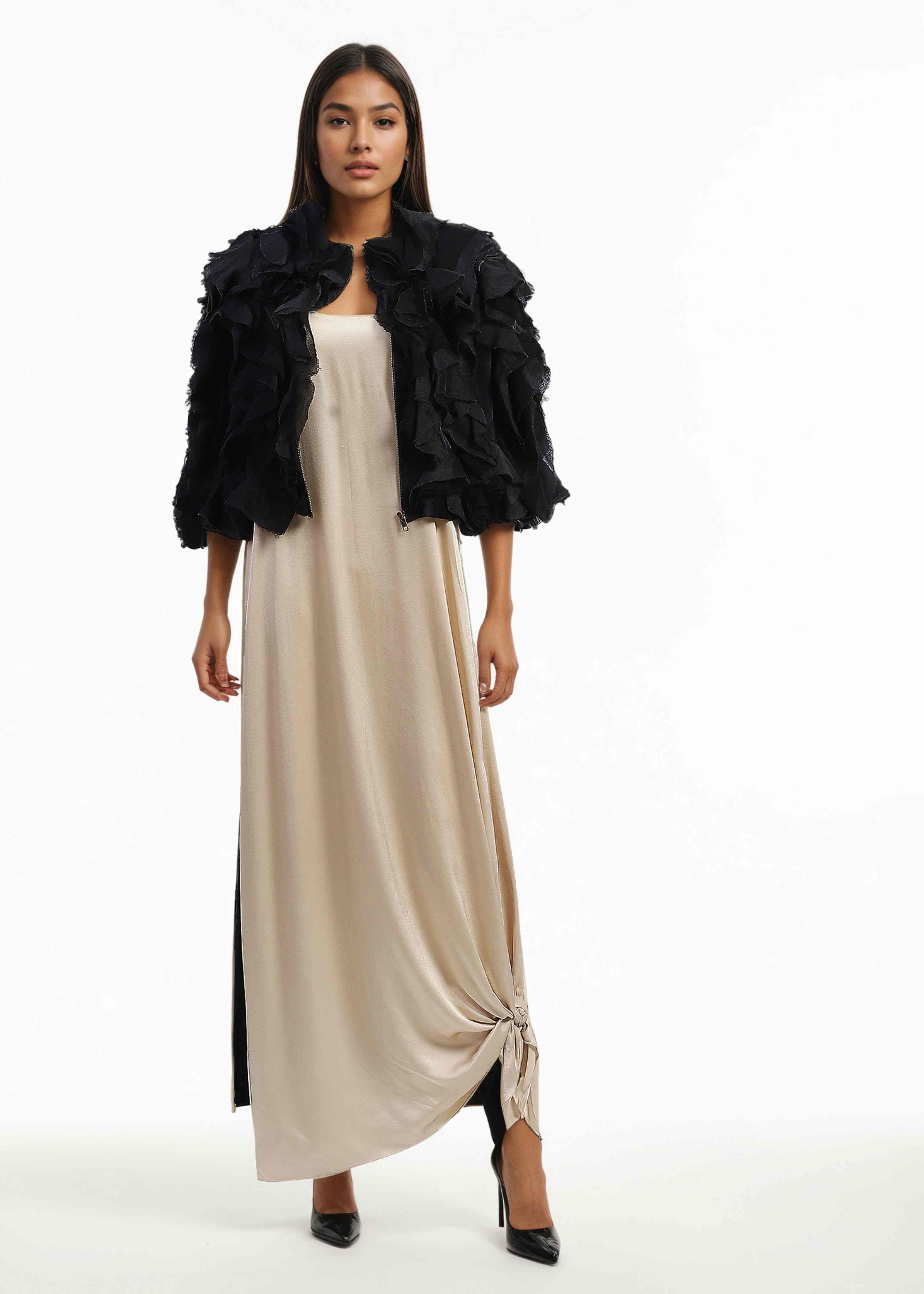 AKOK Multicolor Silk Ruffle shrug with slip dress Dresses