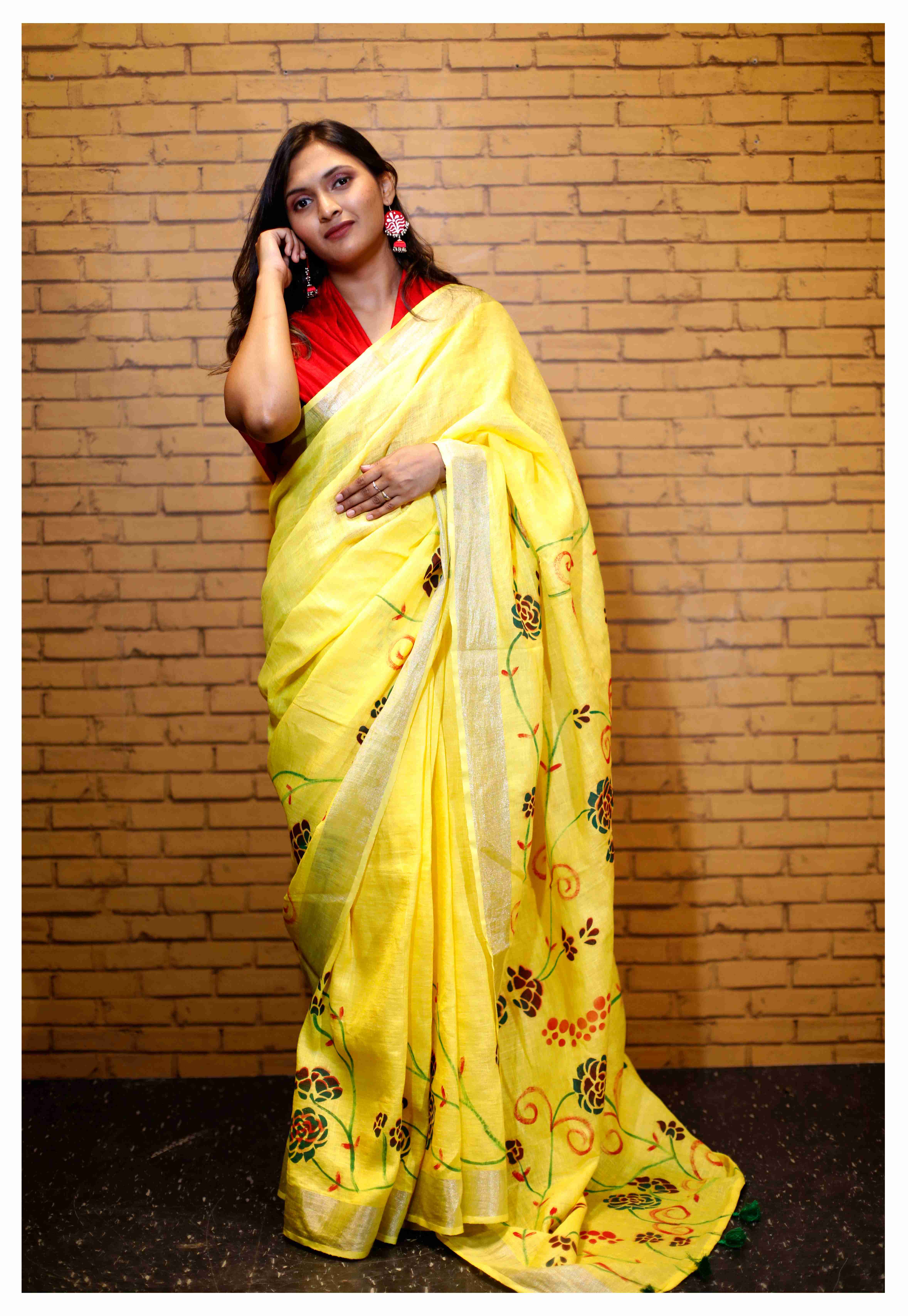 Linen/Cotton Fabric Saari |Hanpainted with Elegant Floral Design