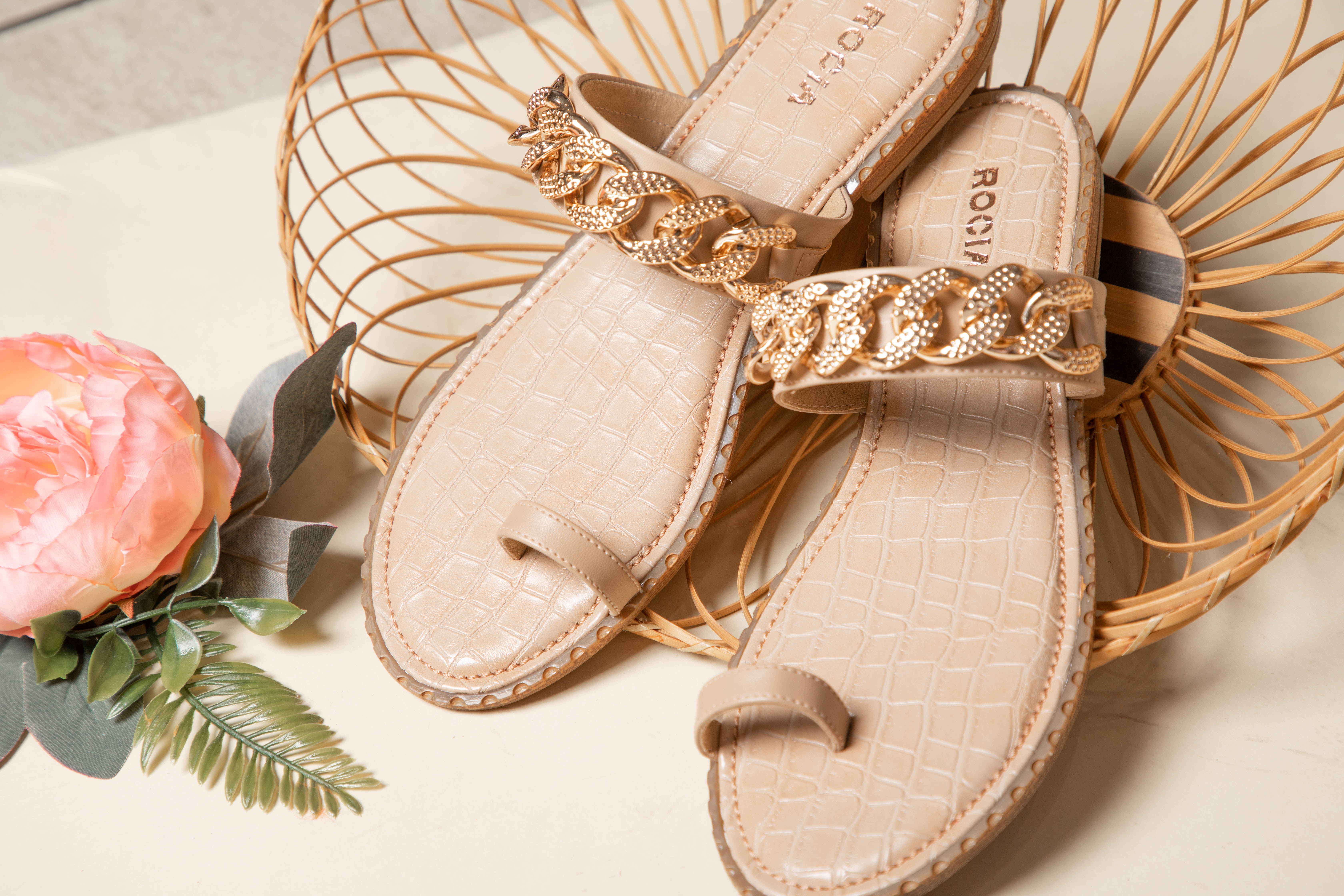 Rocia Beige Women Chain Embellished One Toe Flats