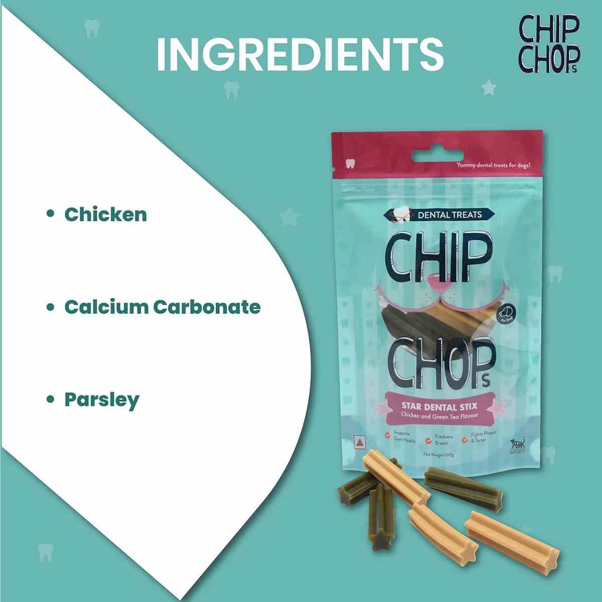 Chip Chops Star Dental Stix Chicken and Green Tea Flavor Dog Treat - 100 g
