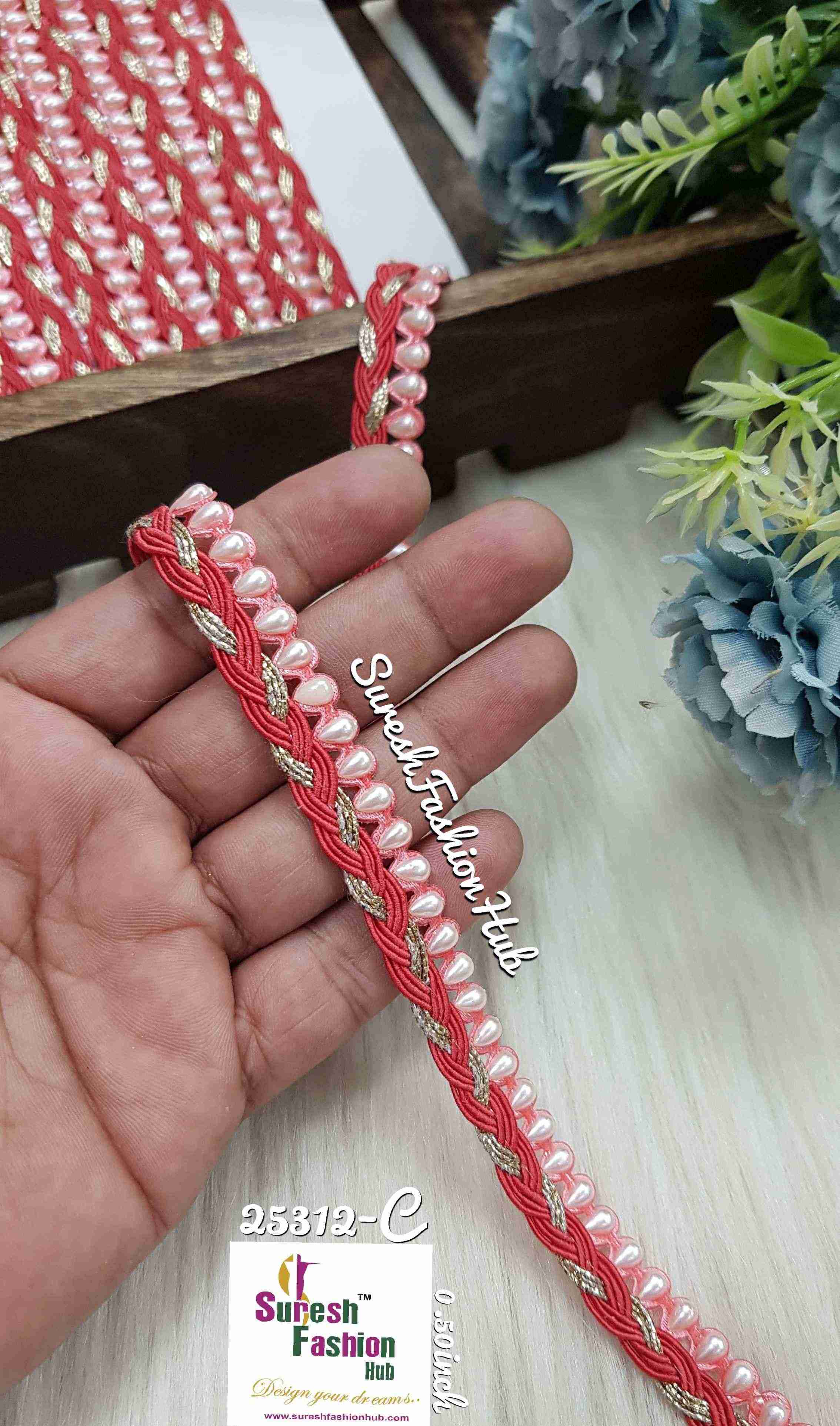 Here are some SEO-optimized ALT text suggestions for your lace products: 1. "Luxurious Pearl Shade Jhalar Lace - Glitter Embellished Trim" 2. "Machine-Made Scalloped Lace - Elegant Border for Sarees" 3. "Gota and Zari Lace for Sarees - Traditional Ethnic Embellishment" 4. "Decorative Jhalar Lace with Glitter Dori - Fe