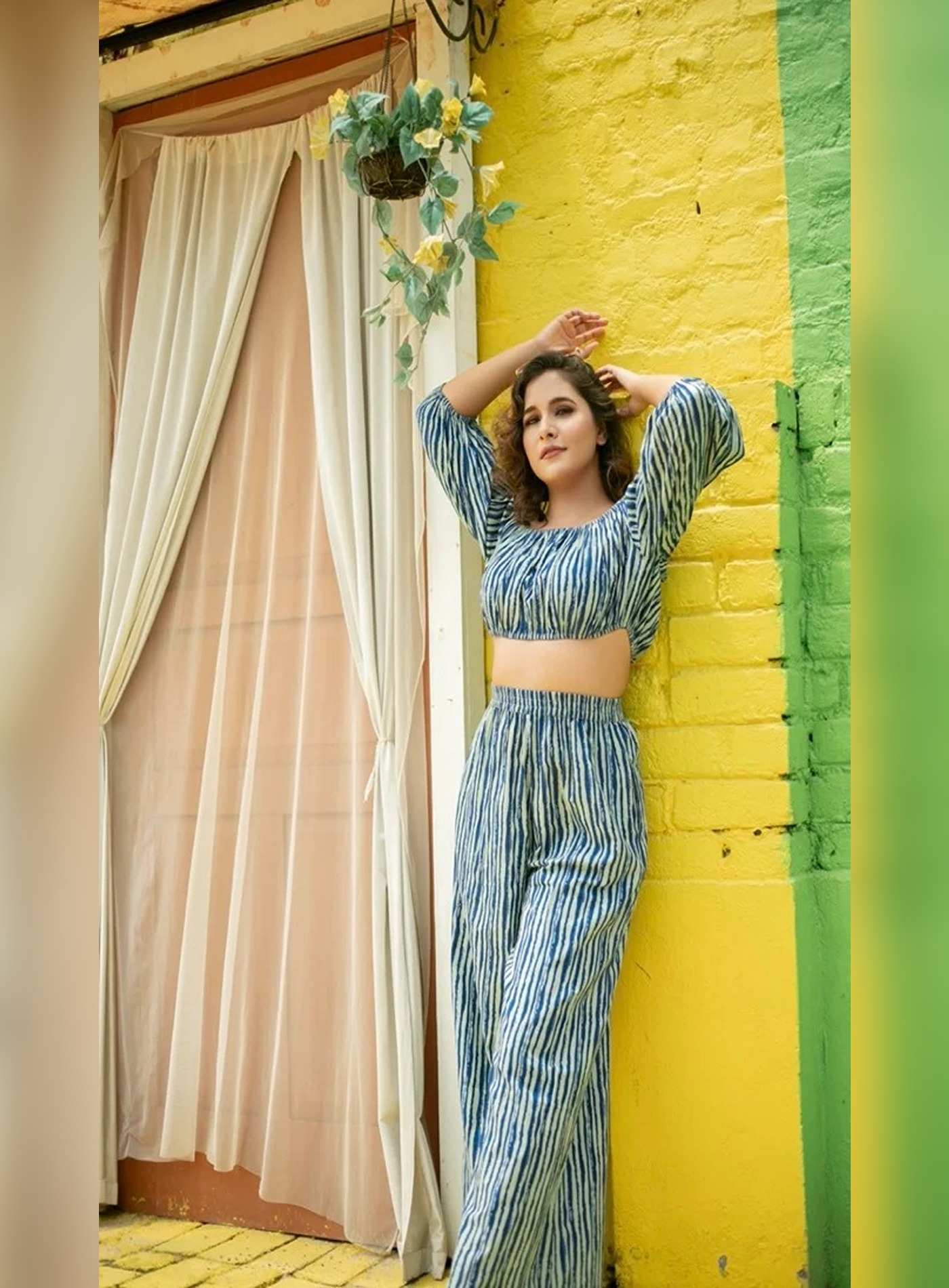Alice18 Indigo Stripe Off-Shoulder Co-Ord Set.