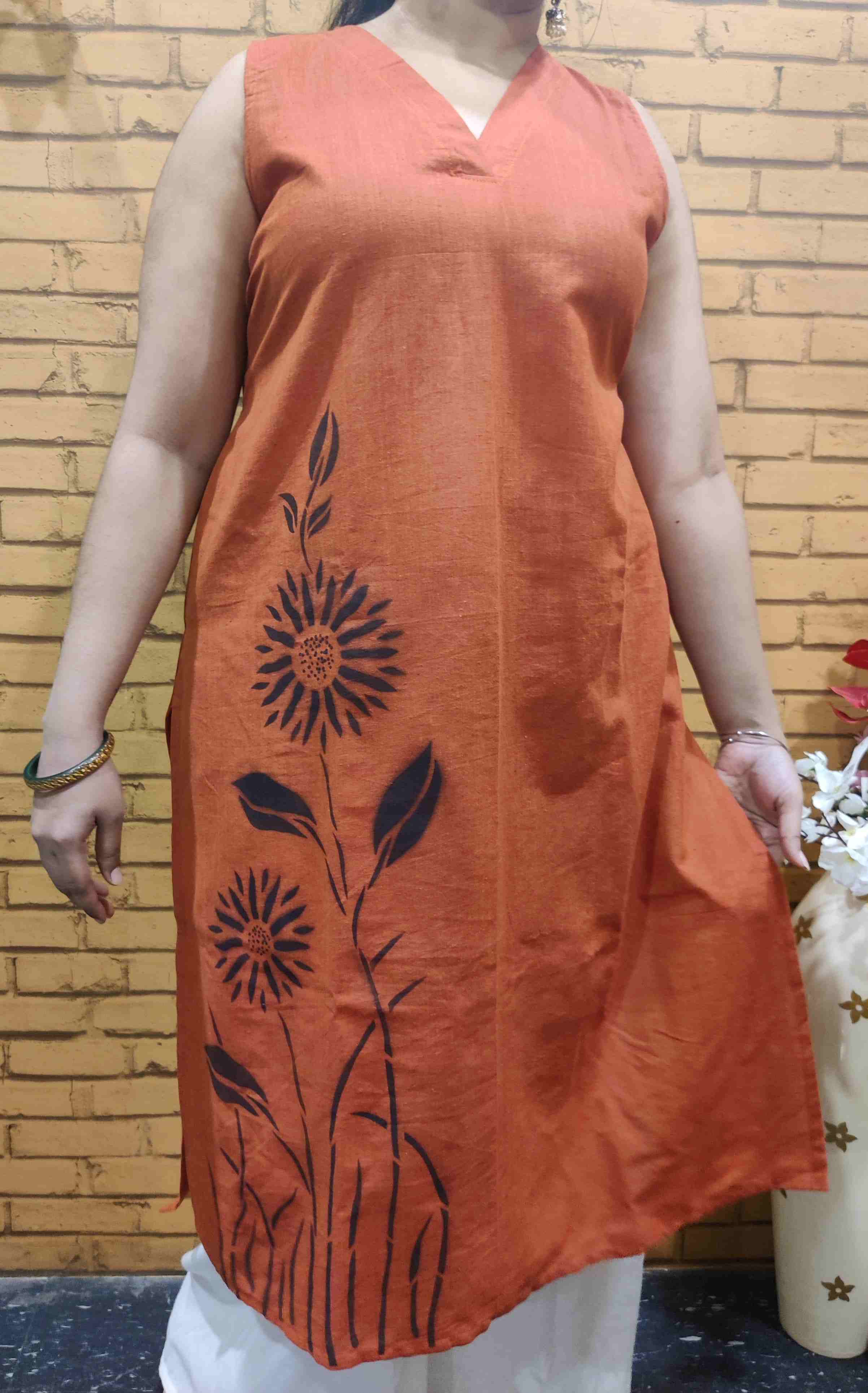 Handpainted Sleeveless Long Kurti-Rust