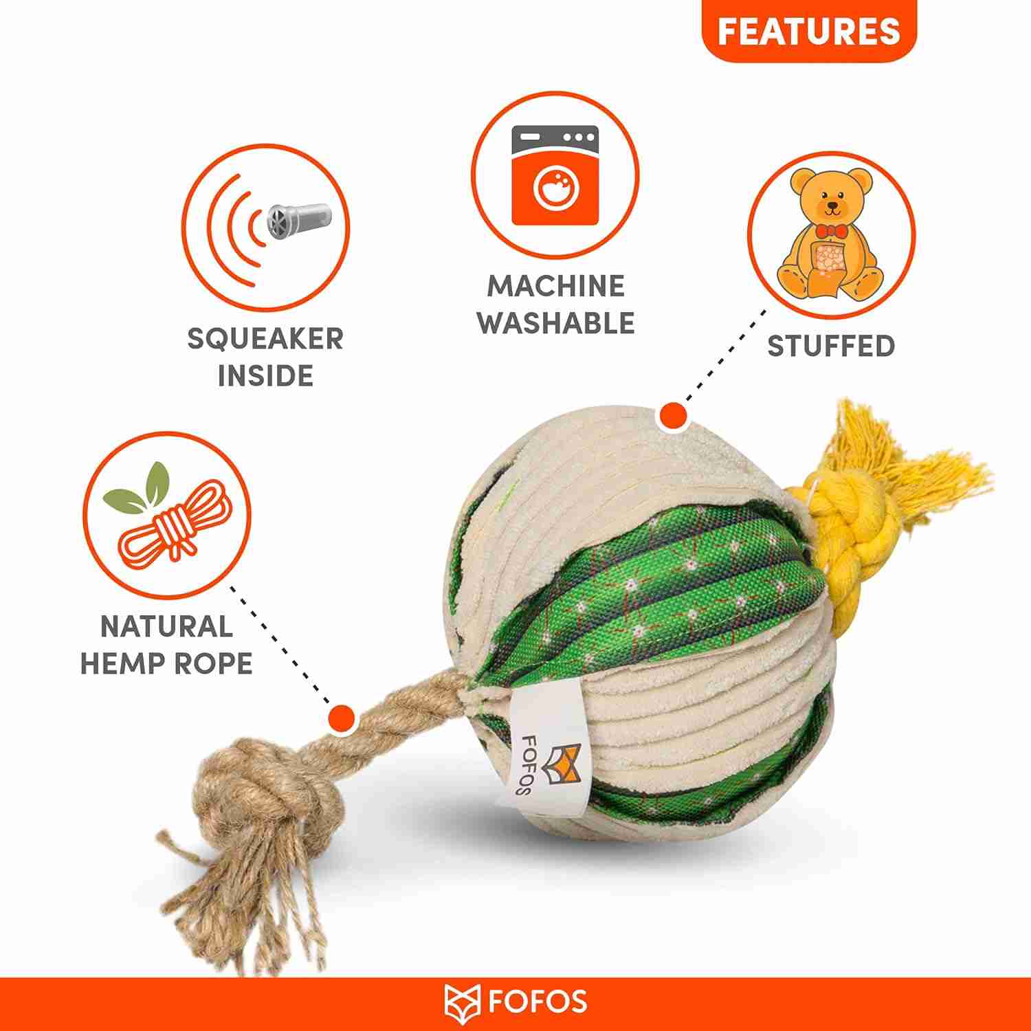 Fofos Cactus Ball with Hemp Rope Stuffed Soft Squeaky Plush Dog Toy (Medium)